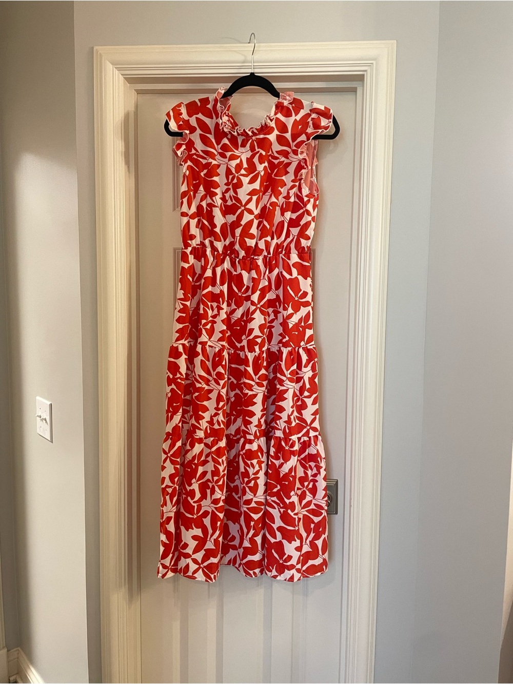 Red & White Floral Tiered Midi Dress